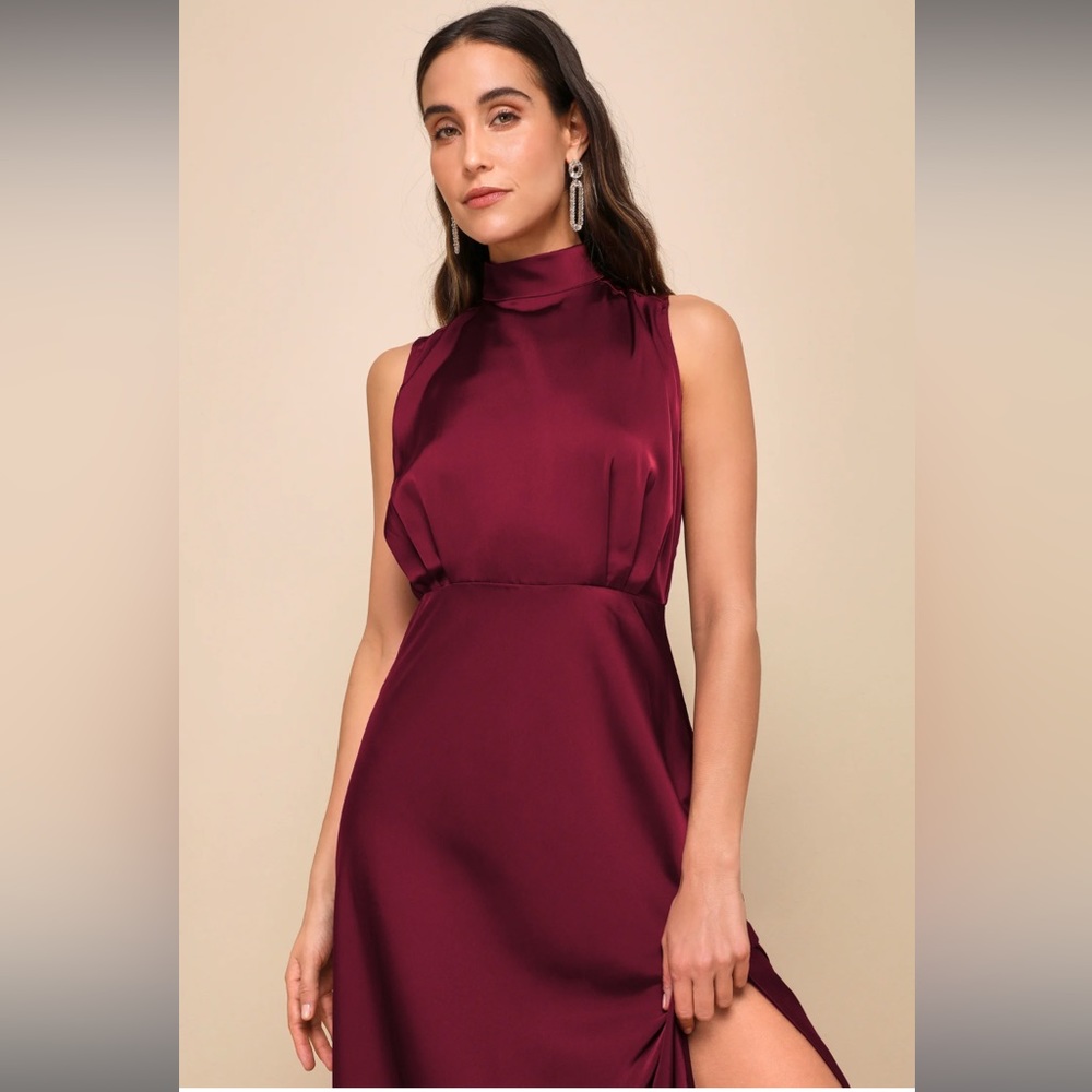 Lulus Classic Elegance Wine Satin Sleeveless Mock Neck Maxi Dress - Size XS